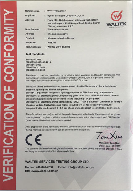 Chiny Hynall Intelligent Control Co. Ltd Certyfikaty