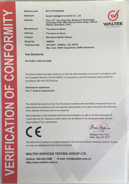 Chiny Hynall Intelligent Control Co. Ltd Certyfikaty
